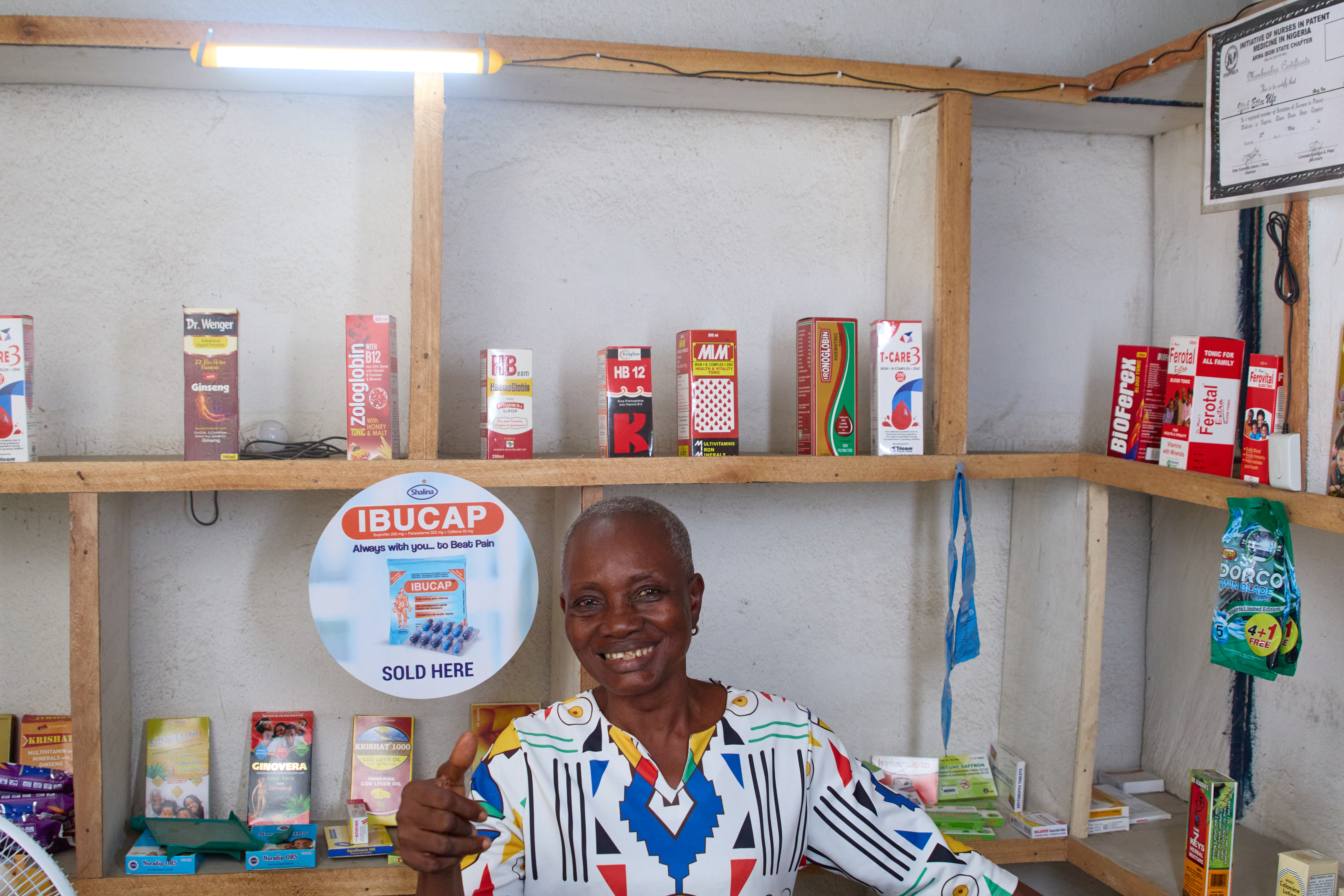 Mrs. Ifioke Ufe, a retired nurse and patient medicine store is a beneficiary of SHS deployed under DARES project in Awka Ibom State.