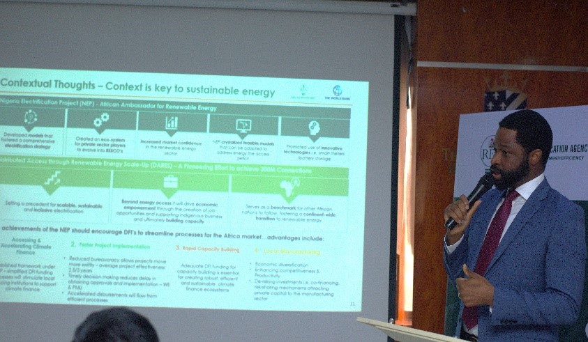 Mr Olufemi Akinyelure, Head, Nigeria Electrification Project (NEP) making his presentation on Progress Update on DARES